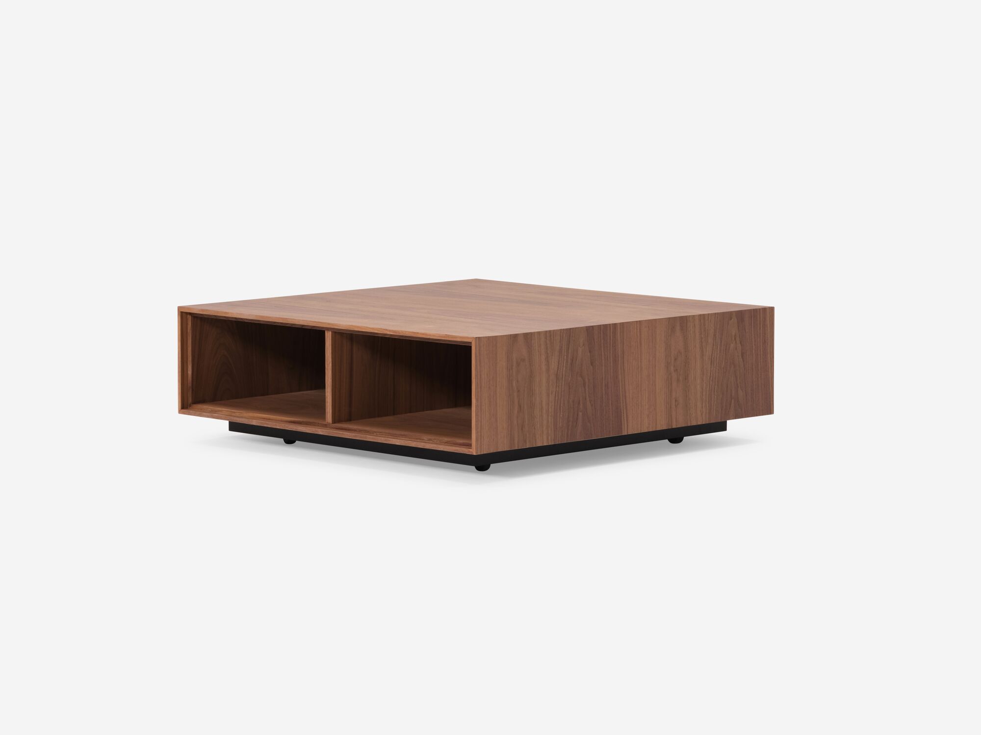 Back angle view of walnut mid century square coffee table